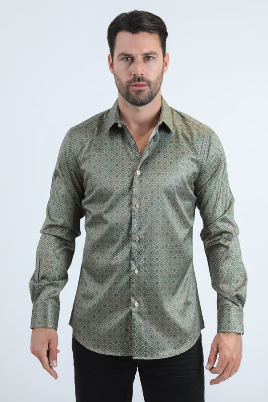 Mens Modern Fit Stretch Foil Fashion Beige Shirt