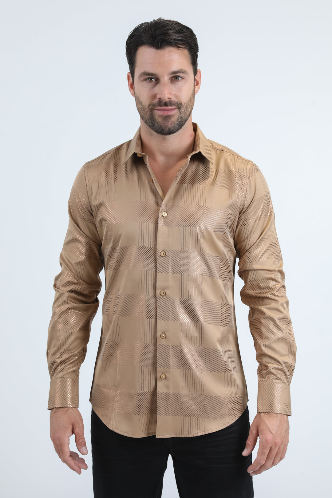 Mens Modern Fit Stretch Foil Fashion Beige Shirt