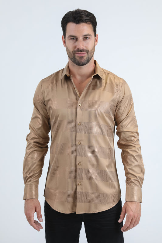 Mens Modern Fit Stretch Foil Fashion Beige Shirt