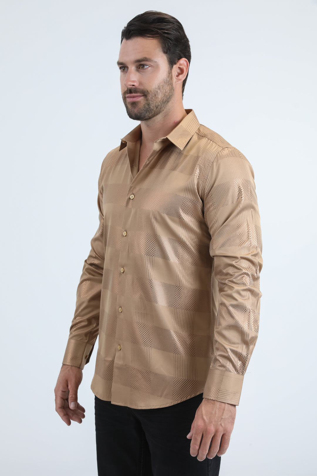 Mens Modern Fit Stretch Foil Fashion Beige Shirt