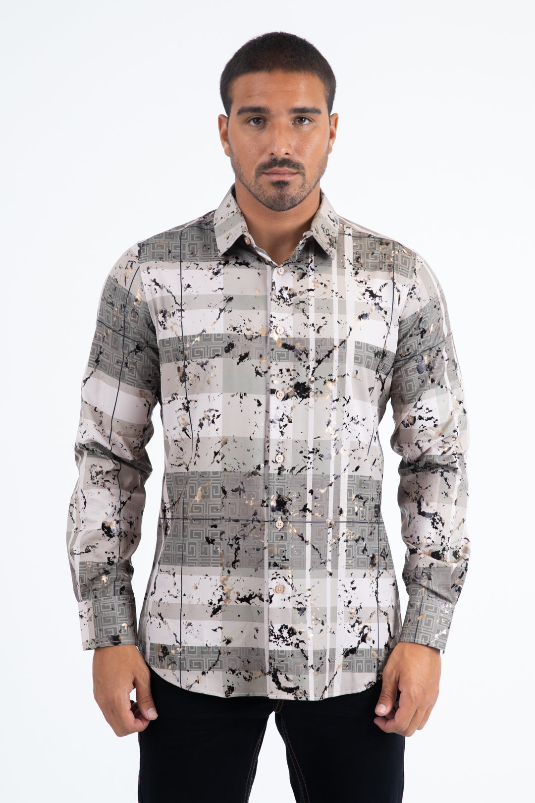 Beige Modern Fit Stretch Foil Fashion Shirt Men
