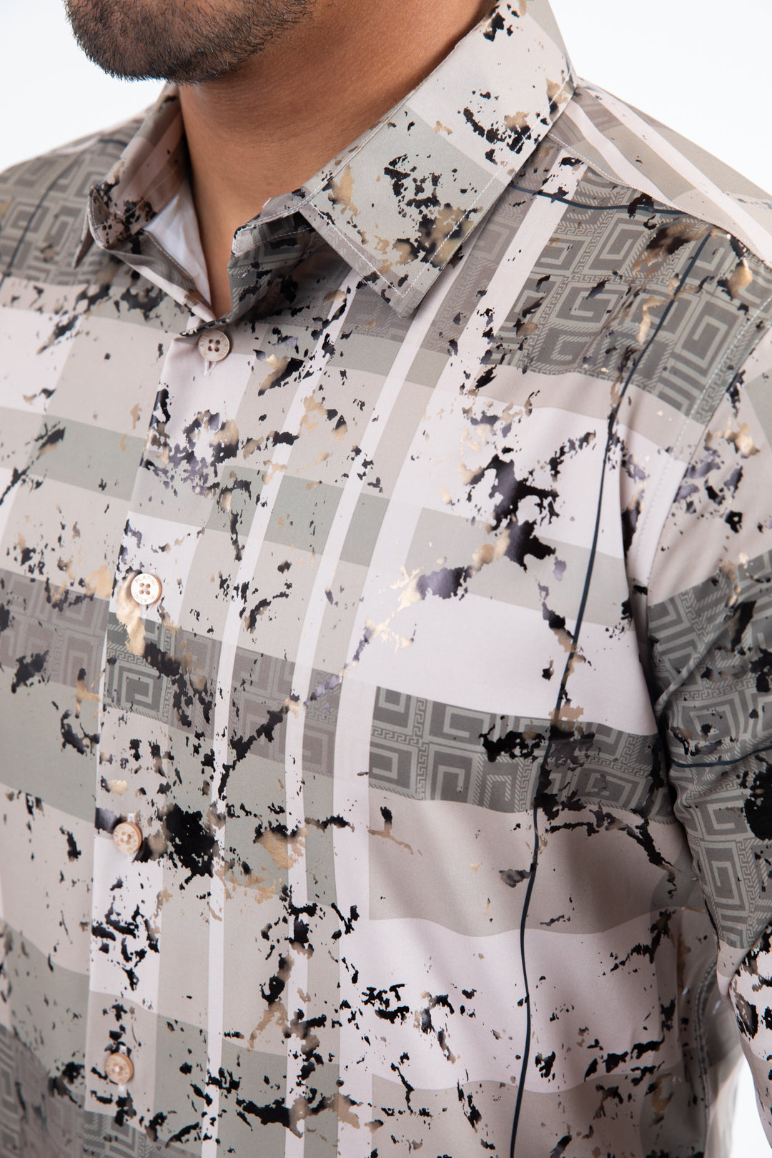 Beige Modern Fit Stretch Foil Fashion Shirt Men
