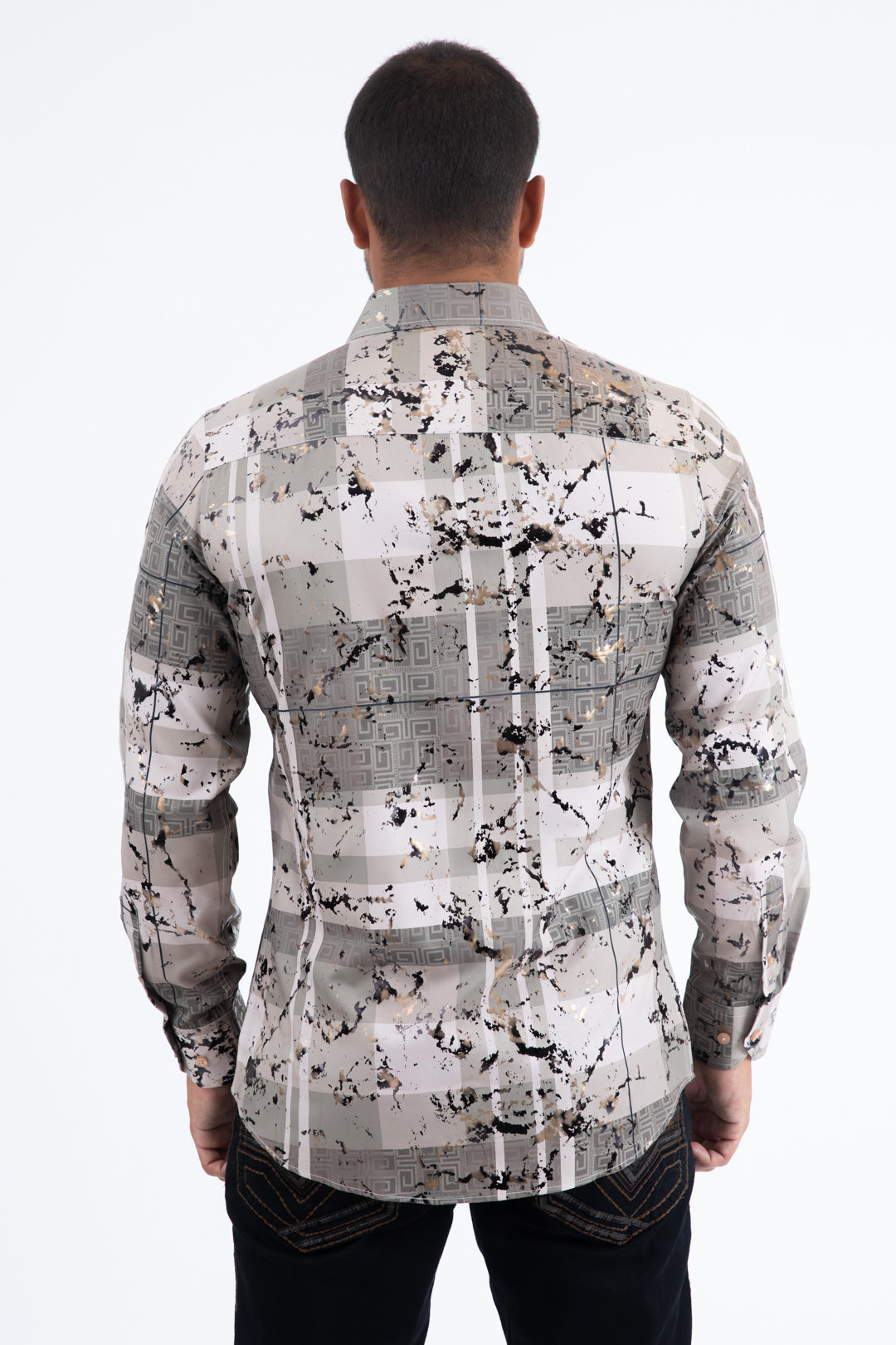 Beige Modern Fit Stretch Foil Fashion Shirt Men
