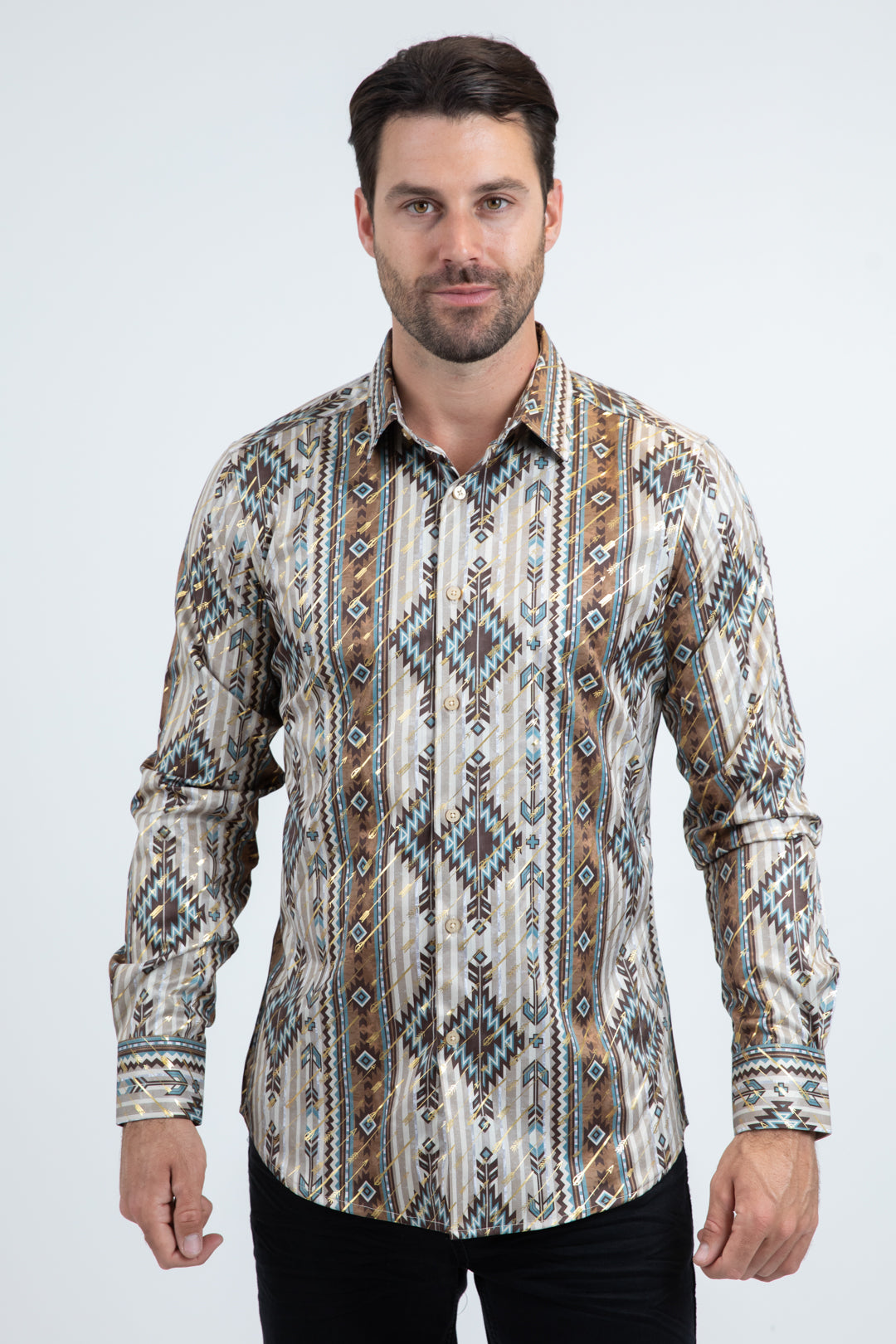 Mens Modern Fit Stretch Foil Fashion Beige Shirt