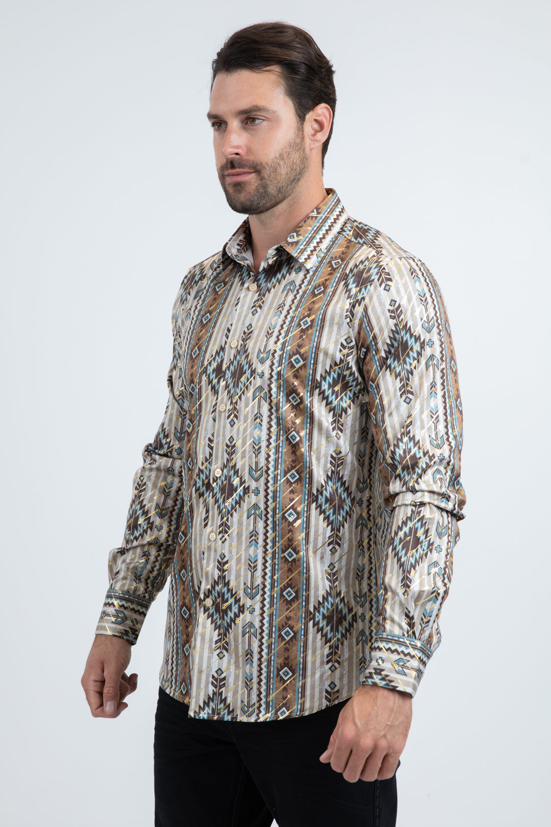 Mens Modern Fit Stretch Foil Fashion Beige Shirt