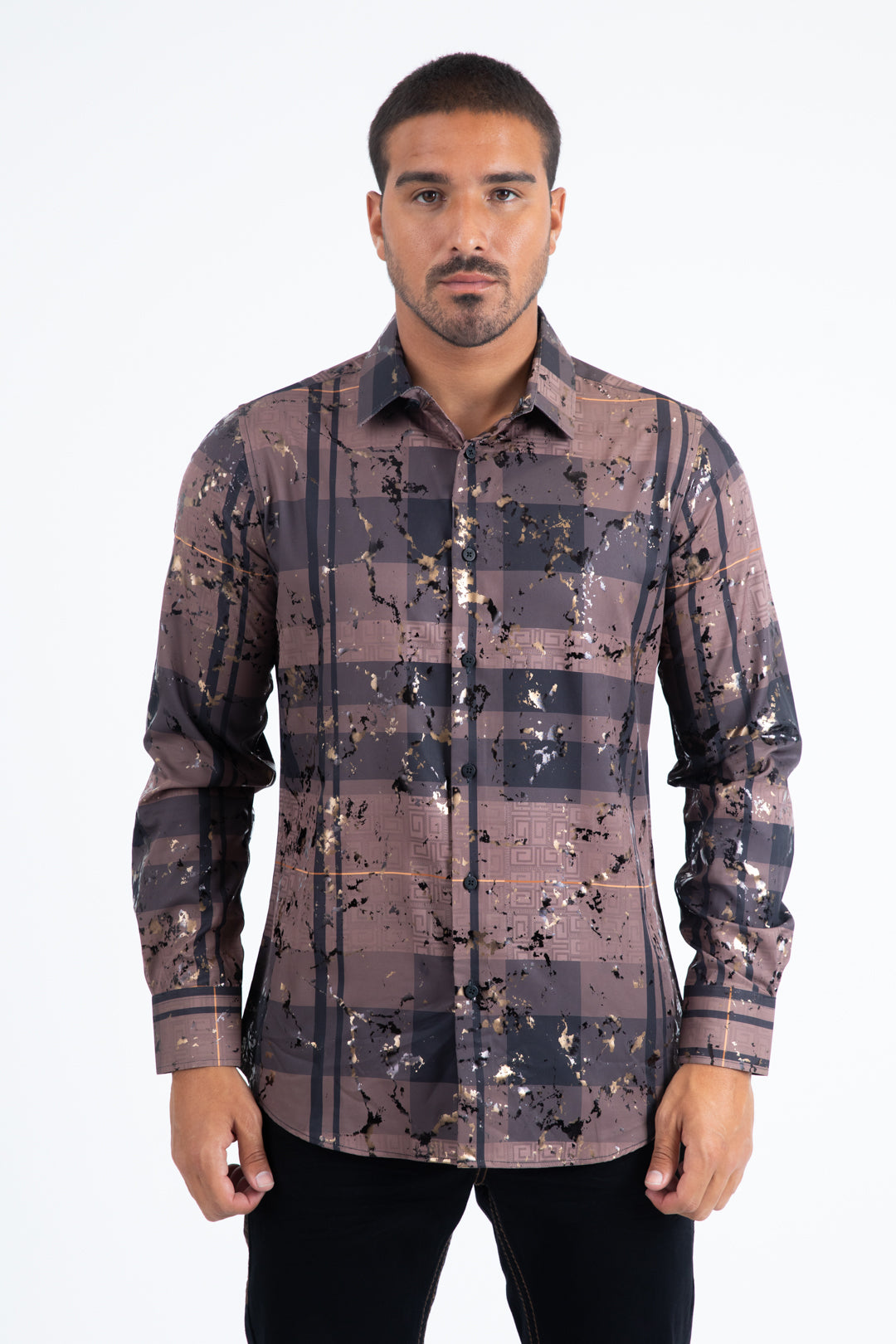 Black Brown Modern Fit Stretch Foil Fashion Shirt Men