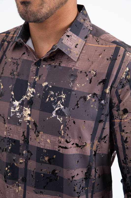 Black Brown Modern Fit Stretch Foil Fashion Shirt Men