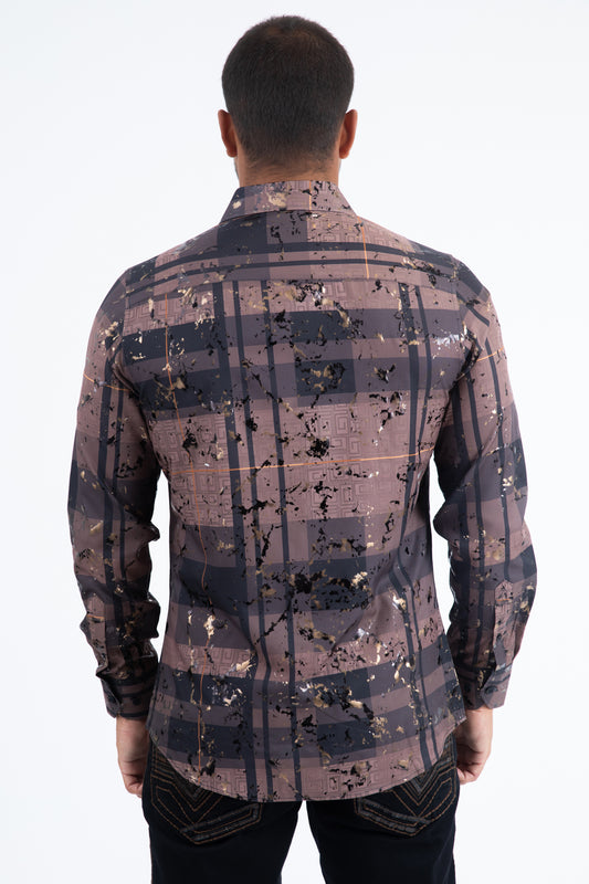 black/brown directional geometry foil shirt men platini detail