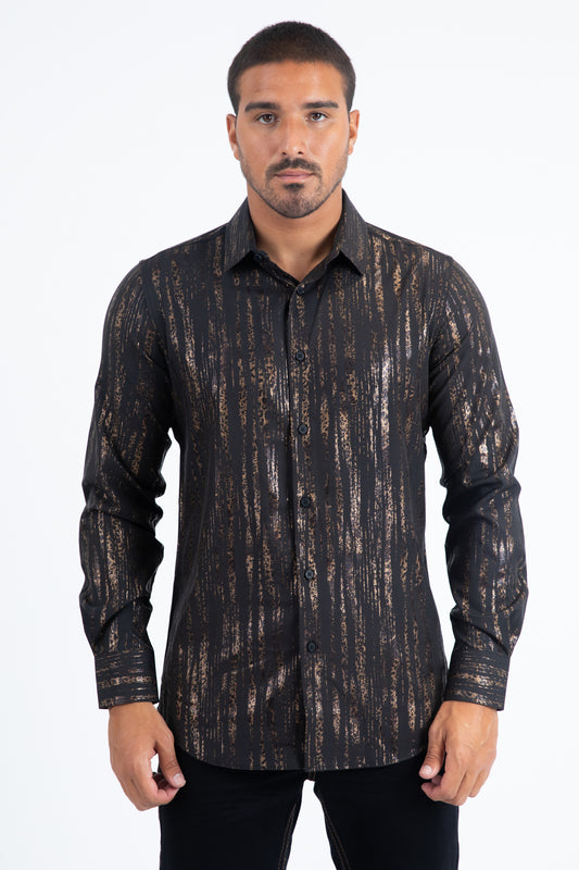 Black Modern Fit Stretch Foil Fashion Shirt Men