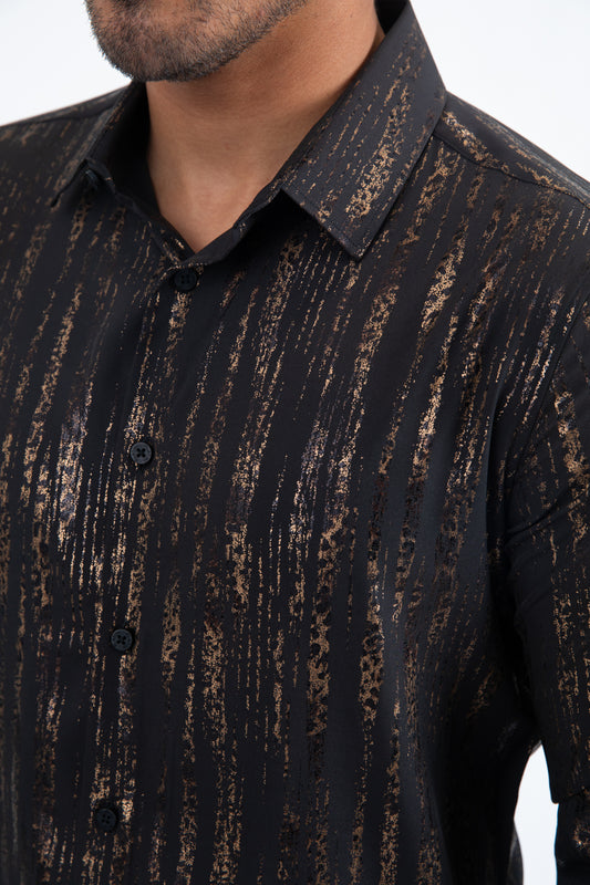 Black Modern Fit Stretch Foil Fashion Shirt Men