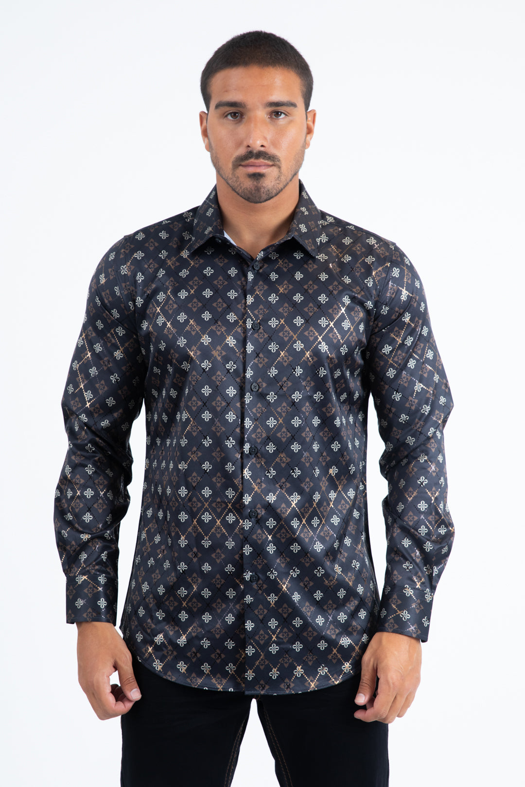 Black Modern Fit Stretch Foil Fashion Shirt Men