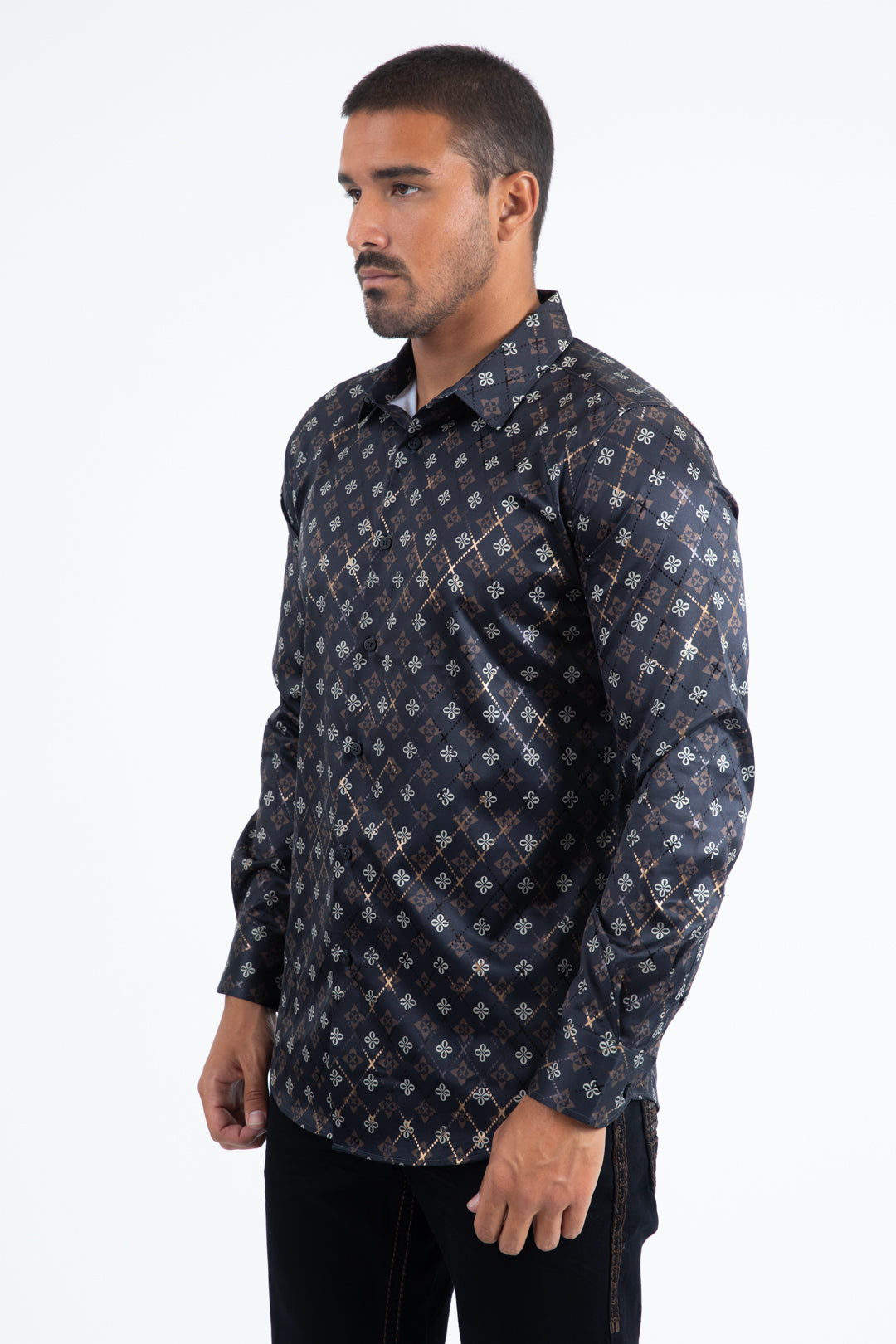 Black Modern Fit Stretch Foil Fashion Shirt Men