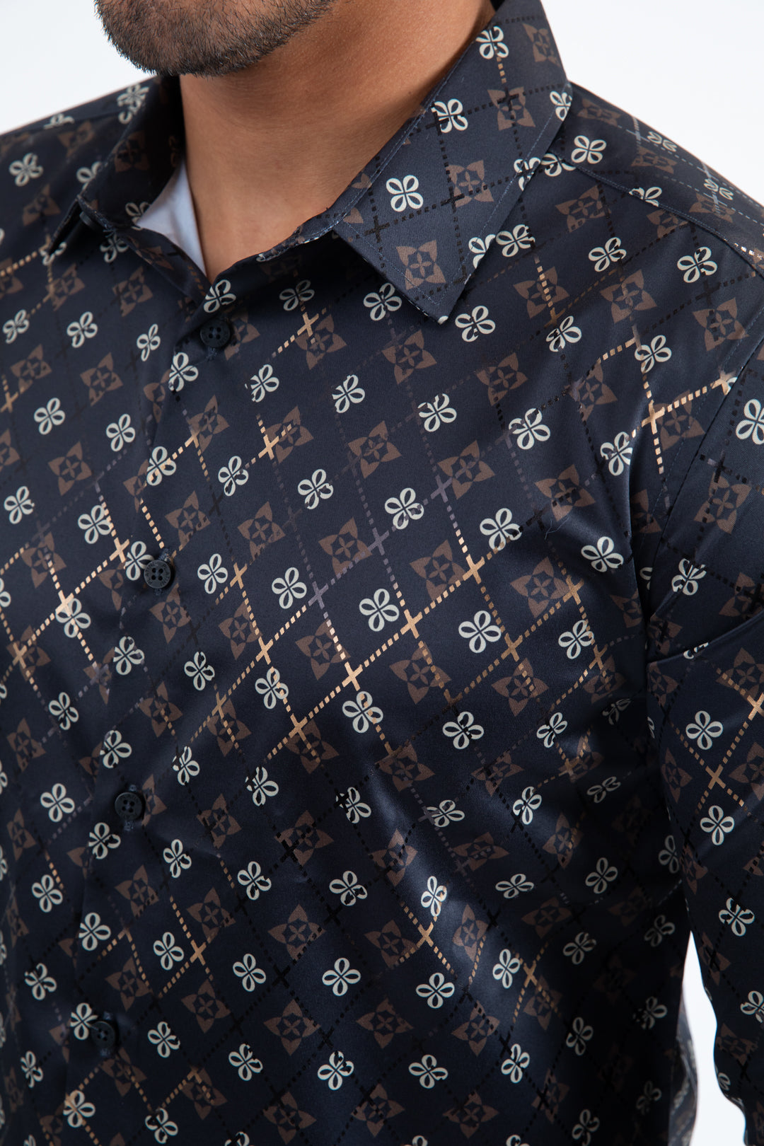 Black Modern Fit Stretch Foil Fashion Shirt Men