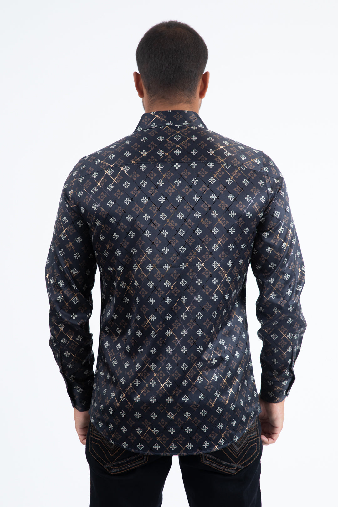 Black Modern Fit Stretch Foil Fashion Shirt Men