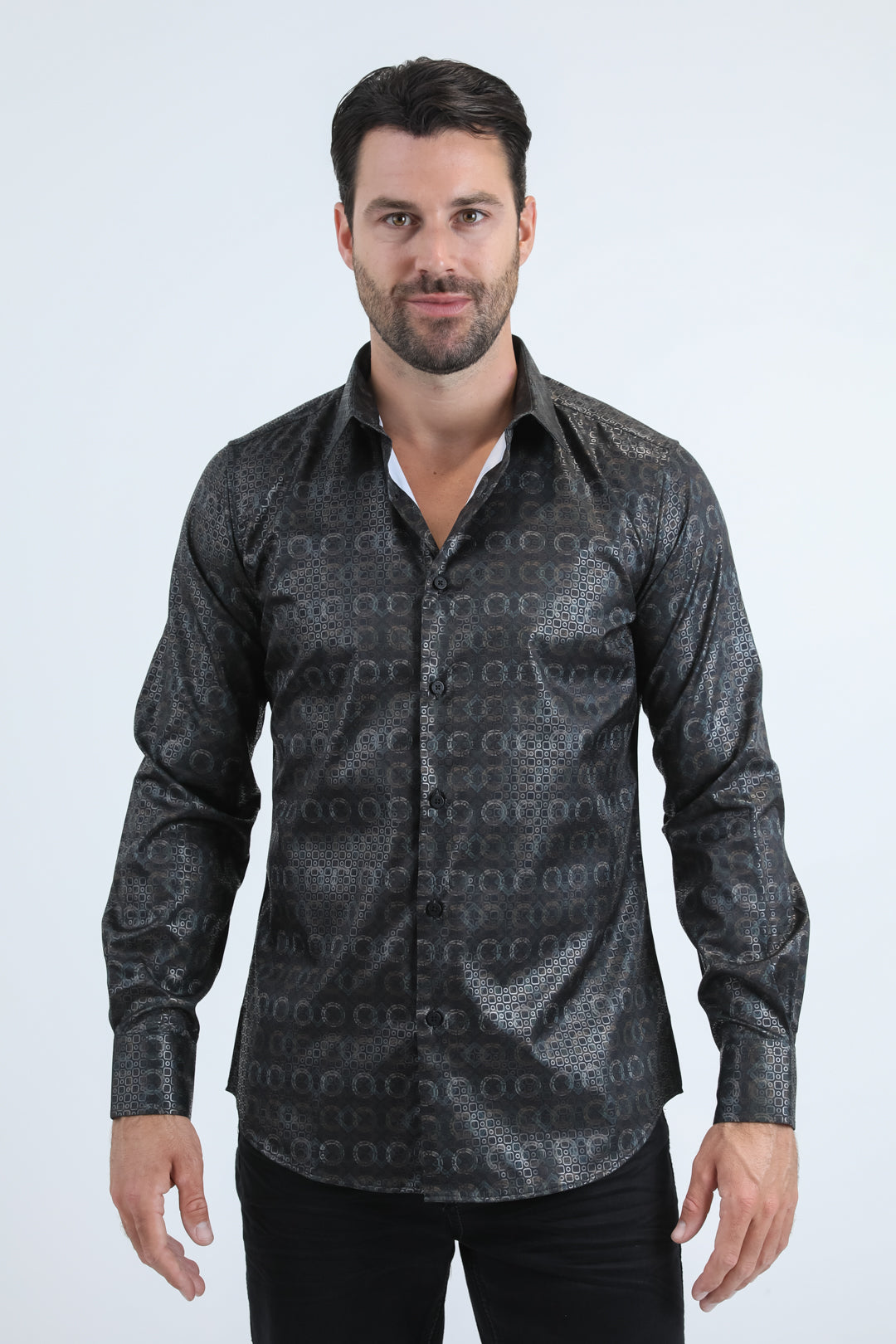 Mens Modern Fit Stretch Foil Fashion Black Shirt