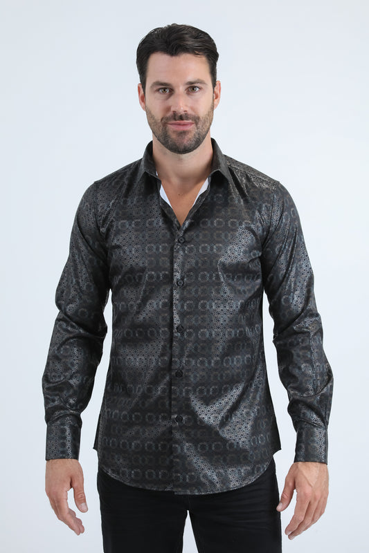 Mens Modern Fit Stretch Foil Fashion Black Shirt