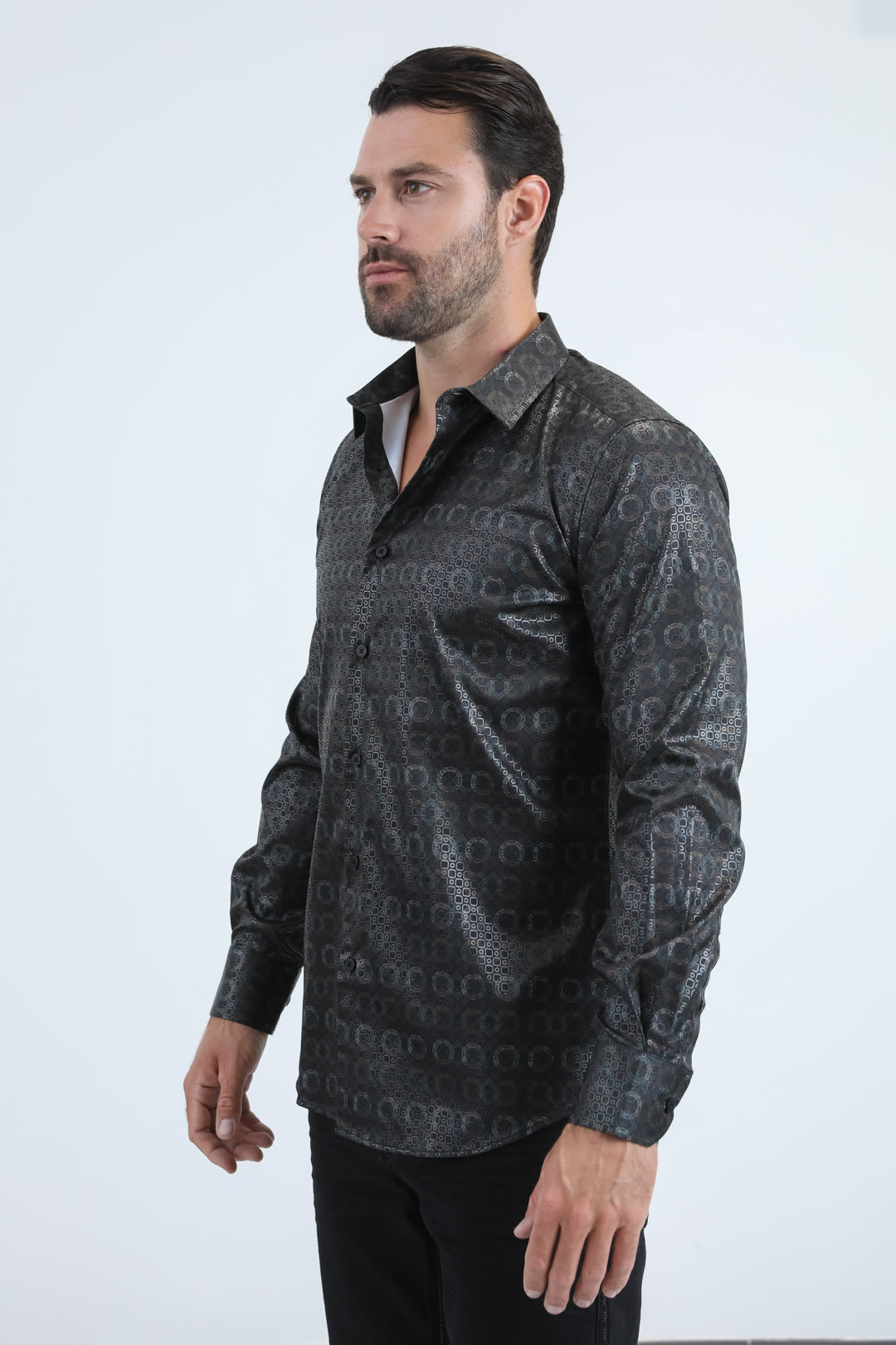 Mens Modern Fit Stretch Foil Fashion Black Shirt