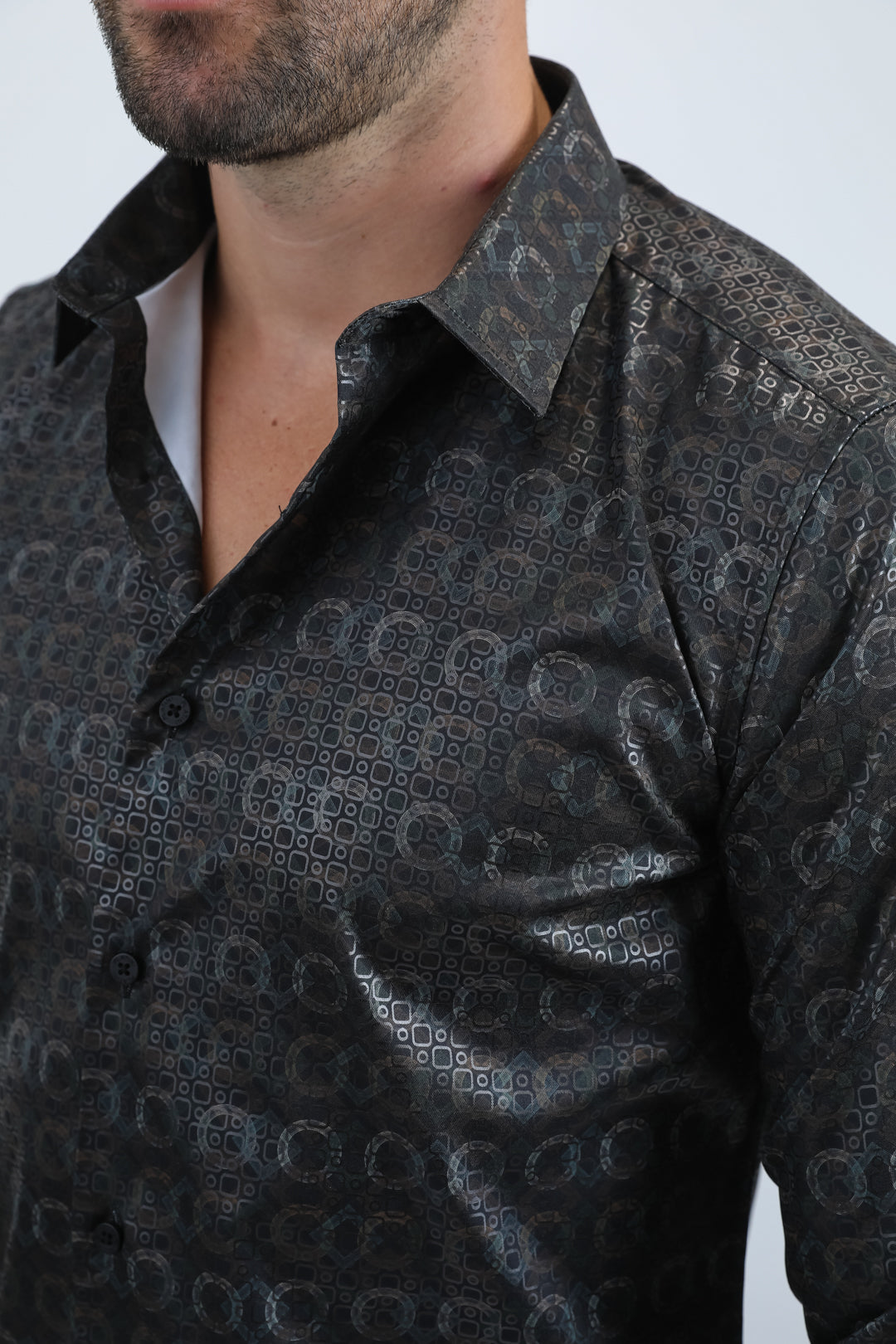 Mens Modern Fit Stretch Foil Fashion Black Shirt