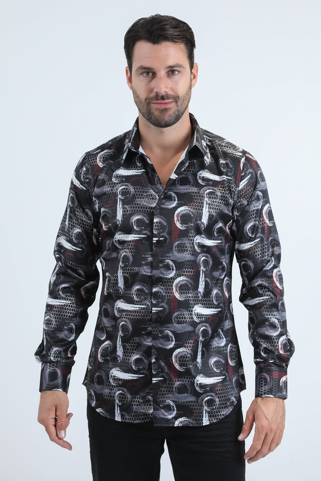 Mens Modern Fit Stretch Foil Fashion Black Shirt