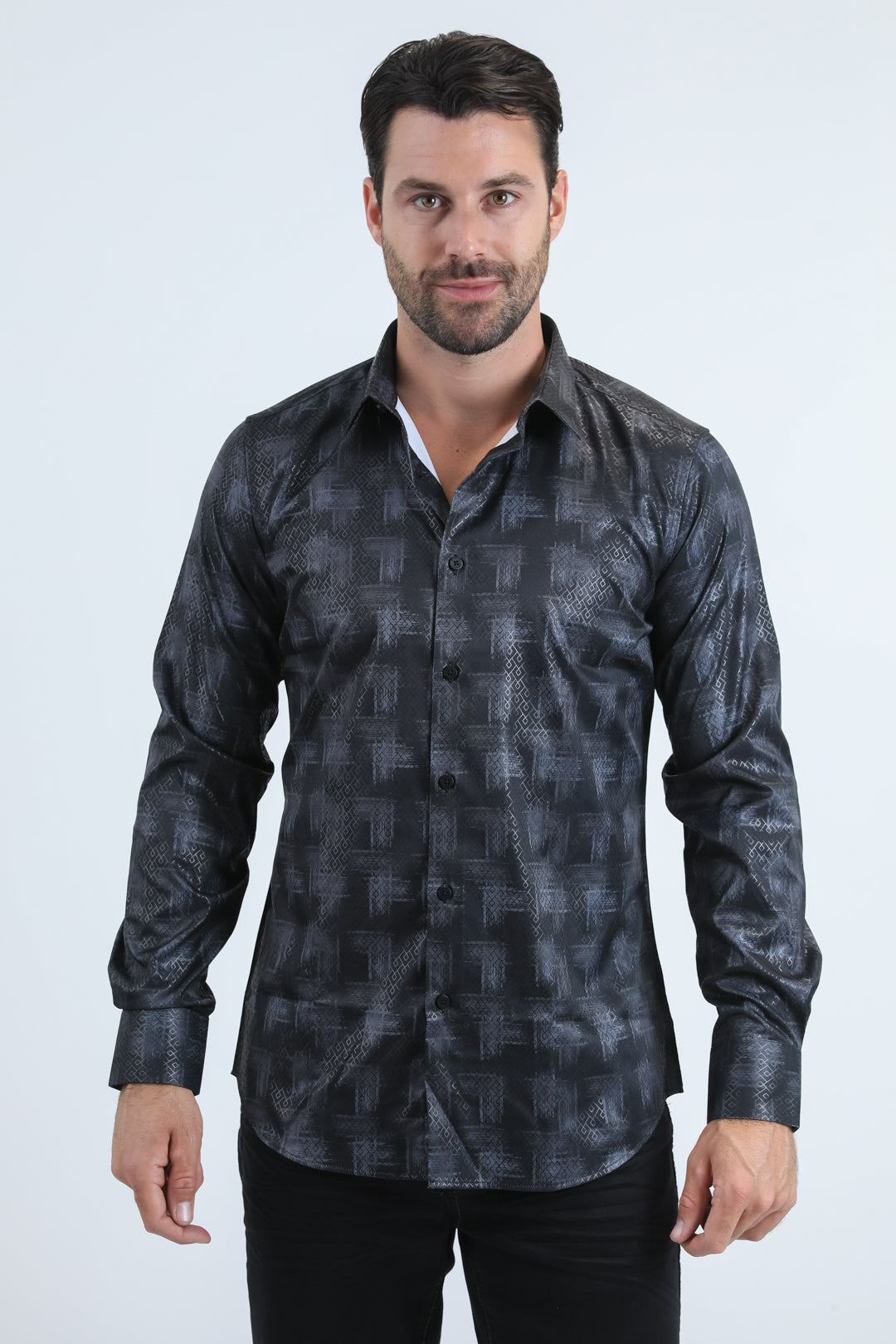 Mens Modern Fit Stretch Foil Fashion Black Shirt