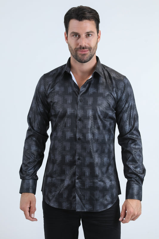 Mens Modern Fit Stretch Foil Fashion Black Shirt