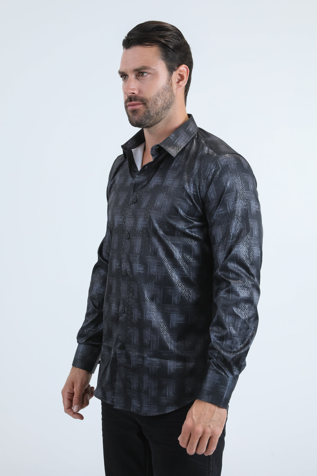 Mens Modern Fit Stretch Foil Fashion Black Shirt