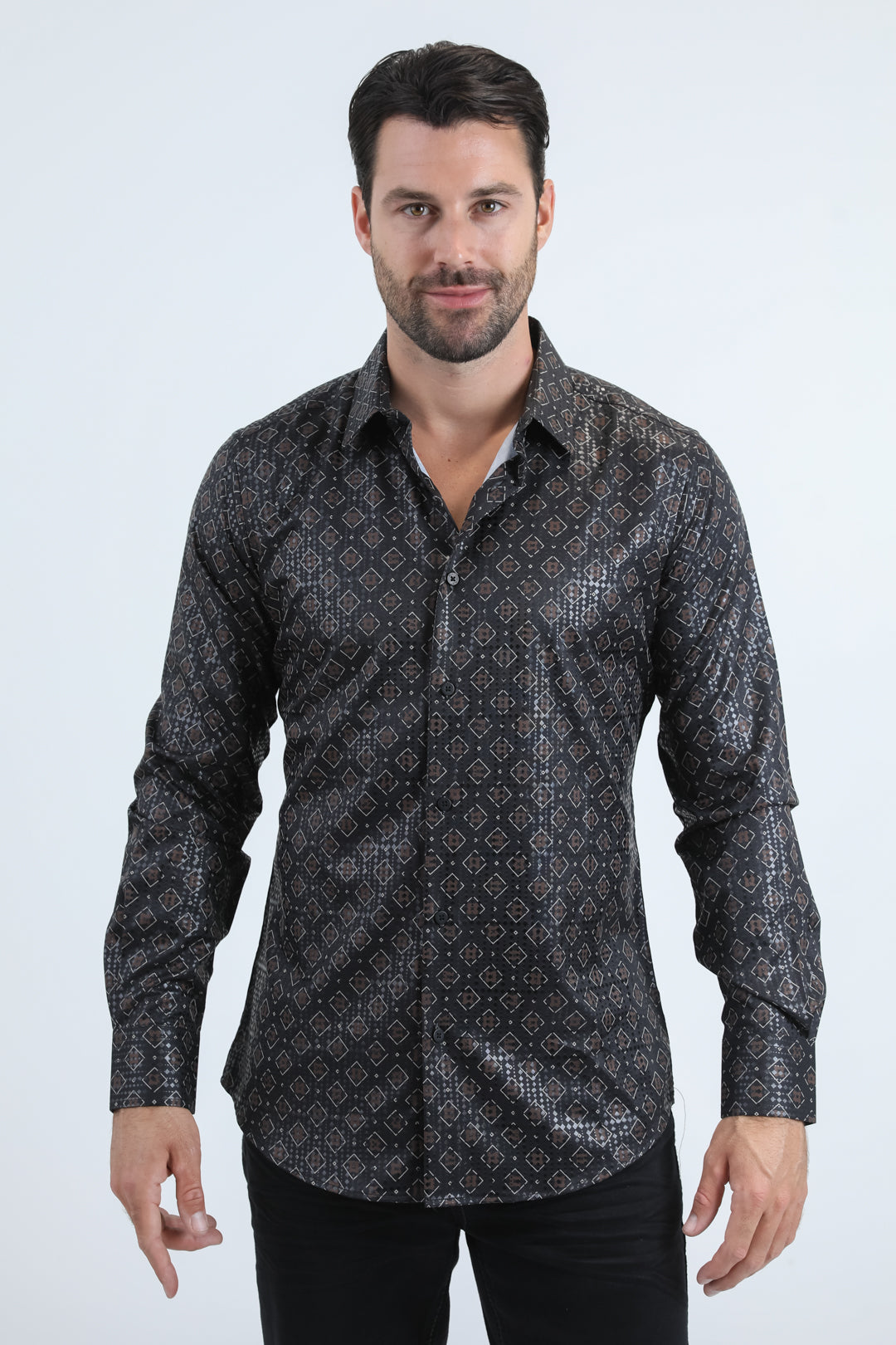 Mens Modern Fit Stretch Foil Fashion Black Shirt