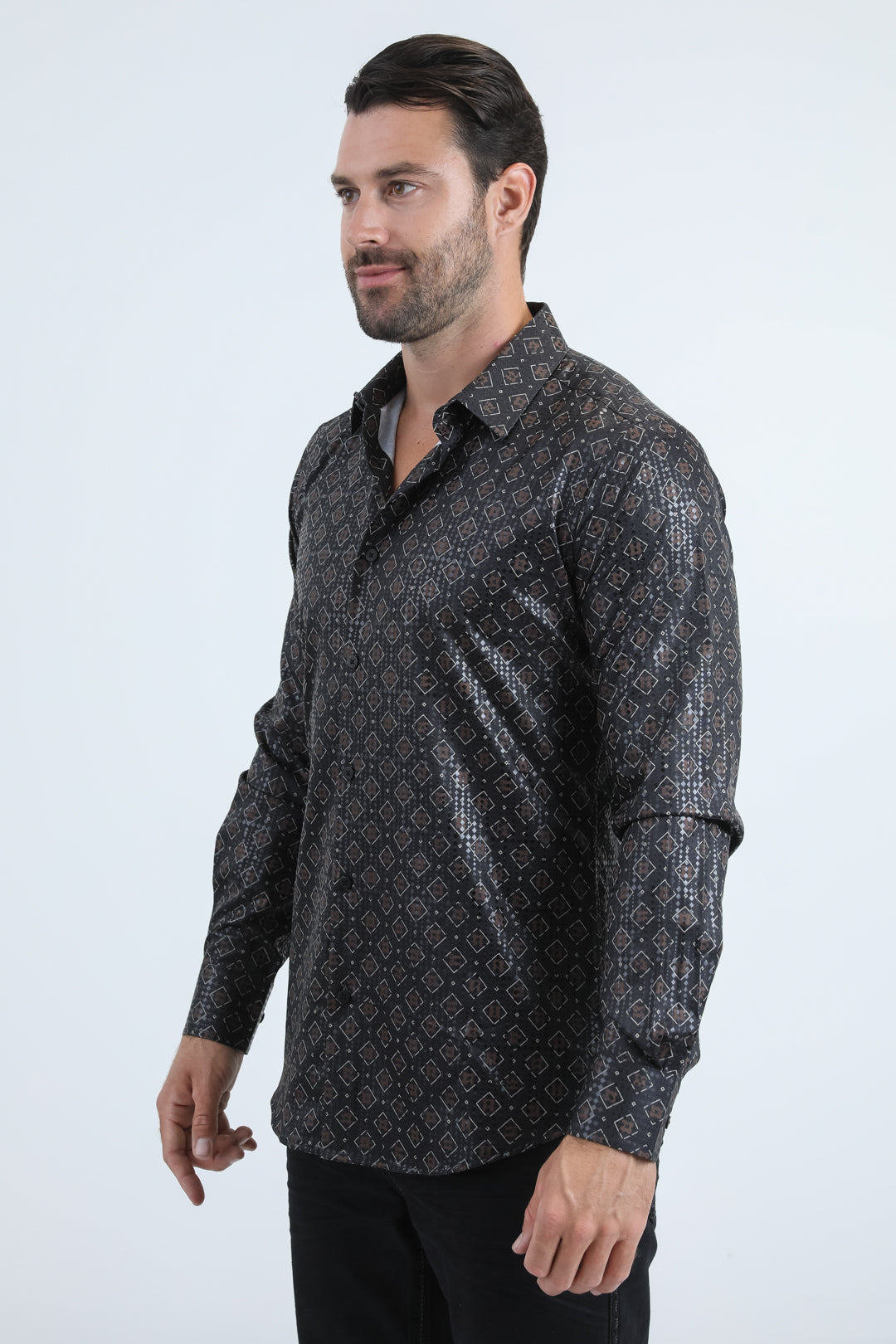 Mens Modern Fit Stretch Foil Fashion Black Shirt
