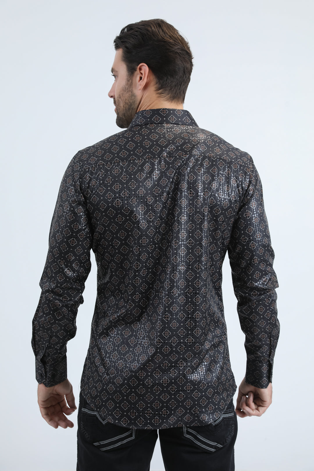 Mens Modern Fit Stretch Foil Fashion Black Shirt