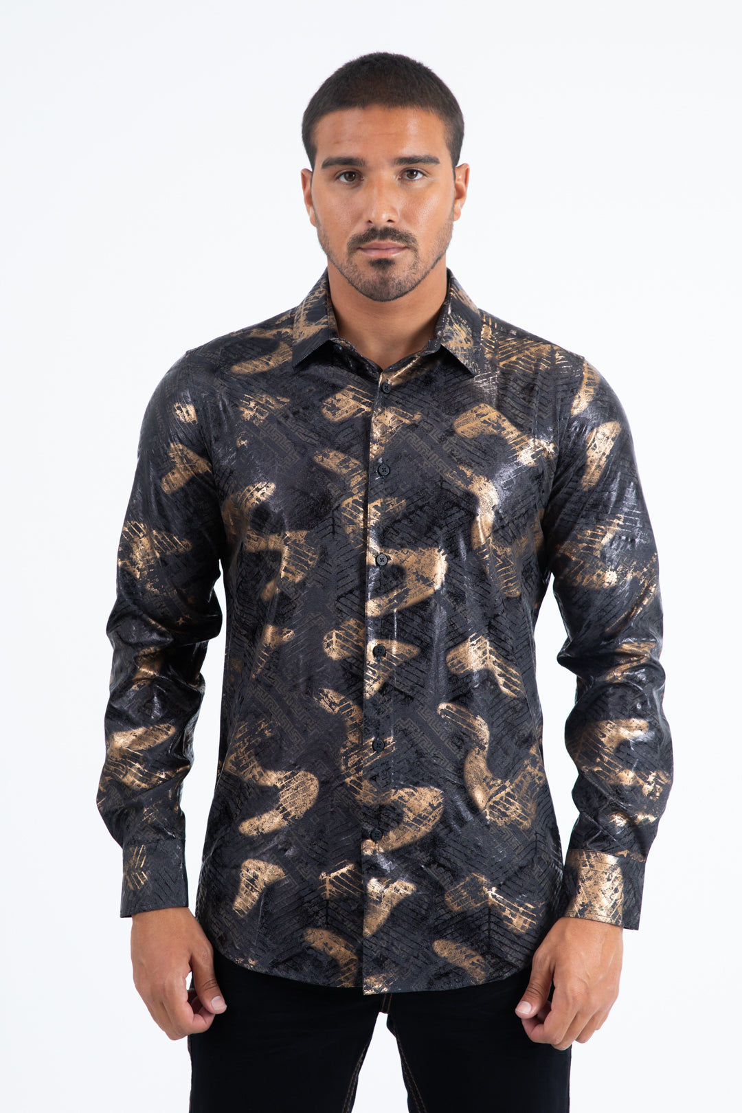 Black Modern Fit Stretch Foil Fashion Shirt Men