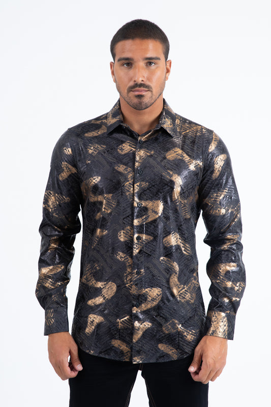 Black Modern Fit Stretch Foil Fashion Shirt Men