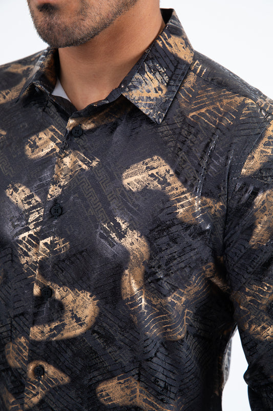 Black Modern Fit Stretch Foil Fashion Shirt Men