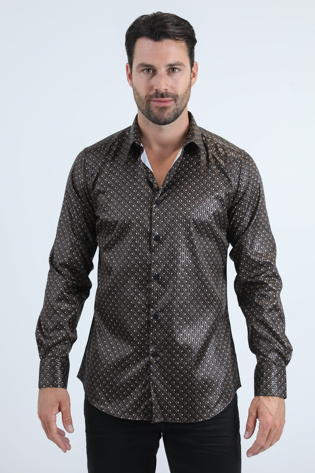 Mens Modern Fit Stretch Foil Fashion Black Shirt