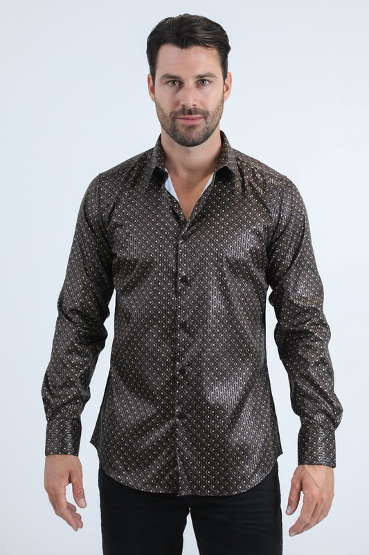 Mens Modern Fit Stretch Foil Fashion Black Shirt