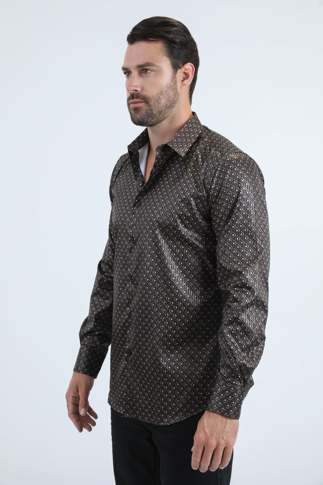 Mens Modern Fit Stretch Foil Fashion Black Shirt