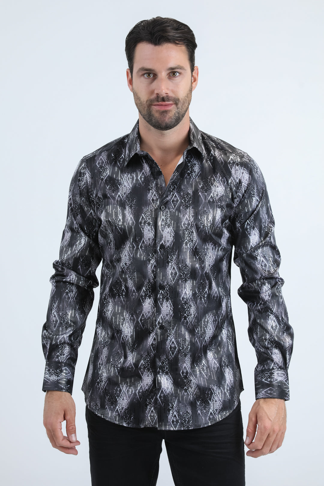 Mens Modern Fit Stretch Foil Fashion Black Shirt