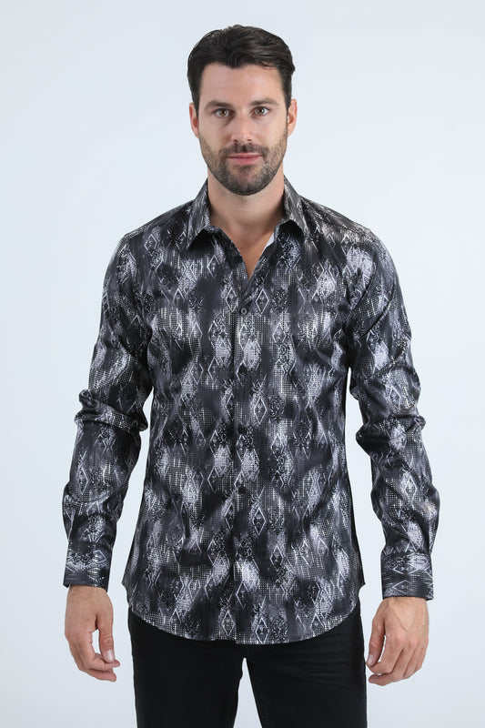 Mens Modern Fit Stretch Foil Fashion Black Shirt