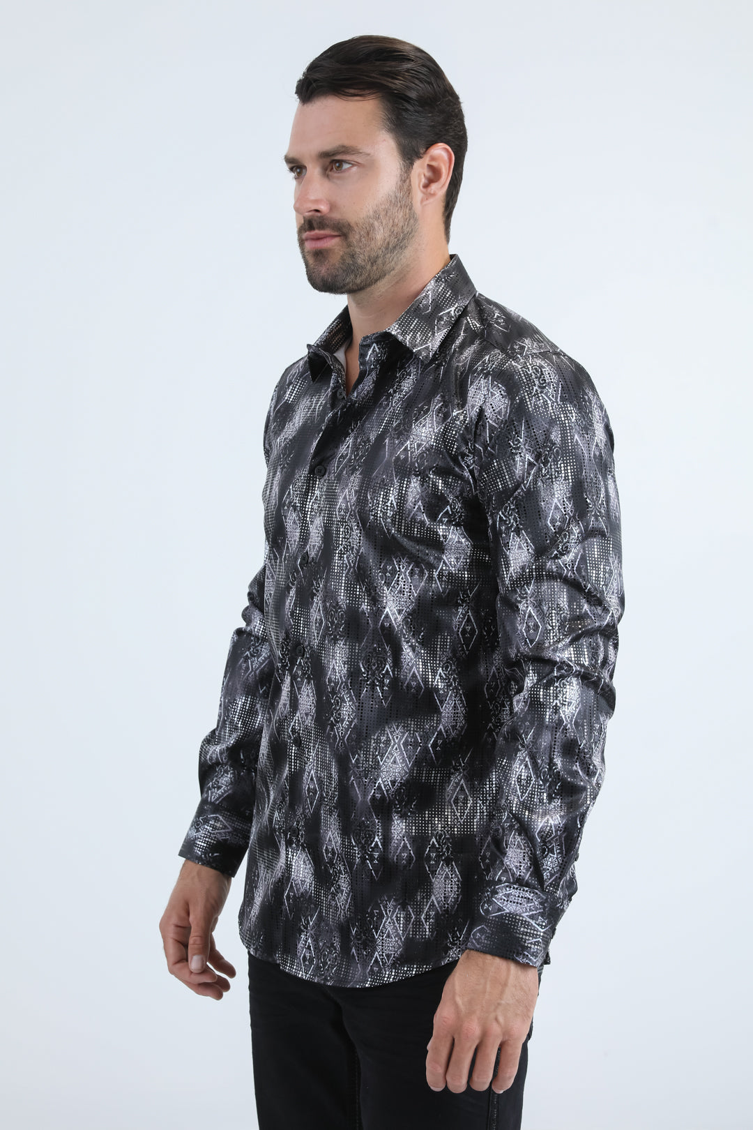 Mens Modern Fit Stretch Foil Fashion Black Shirt