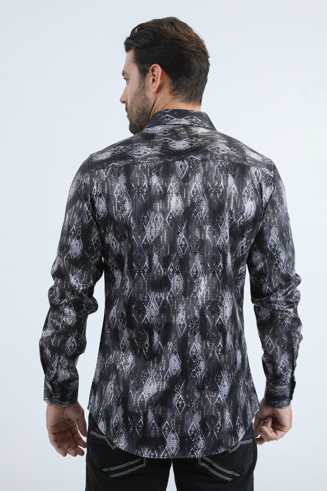 Mens Modern Fit Stretch Foil Fashion Black Shirt