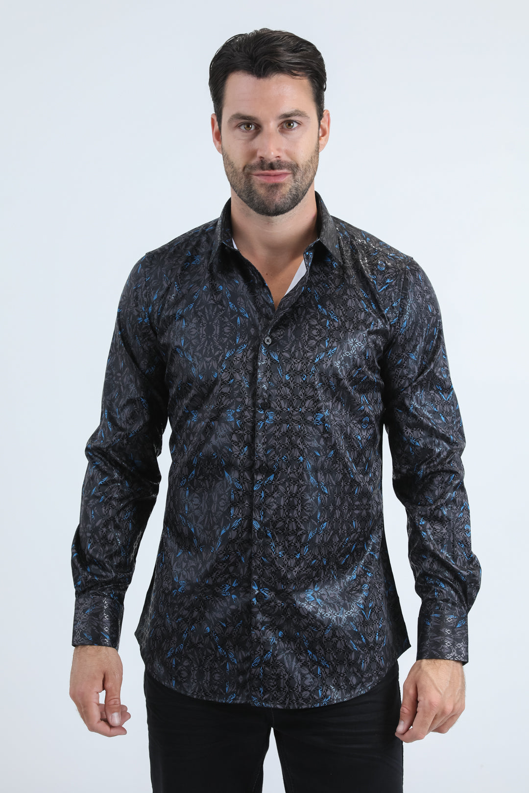 Mens Modern Fit Stretch Foil Fashion Black Shirt