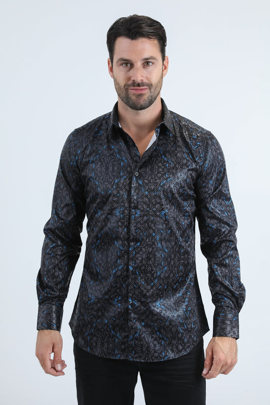 Mens Modern Fit Stretch Foil Fashion Black Shirt