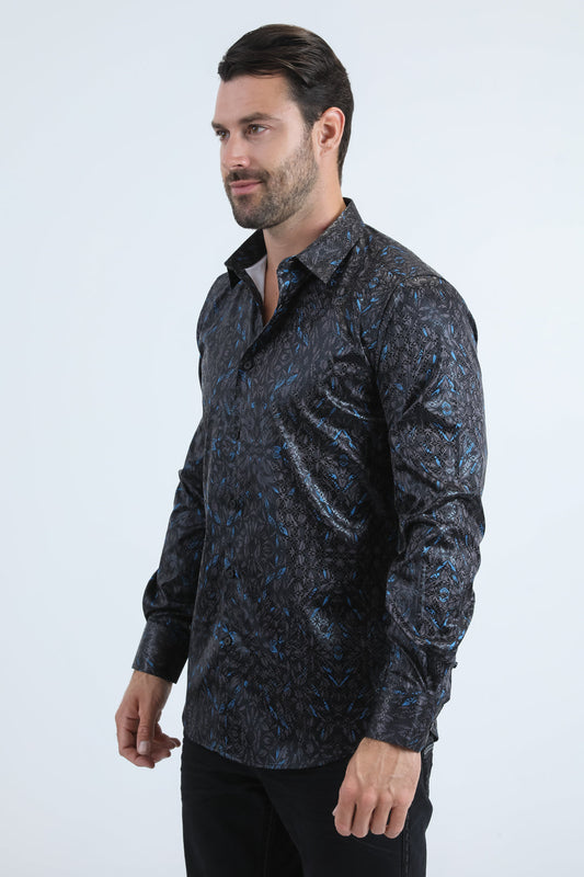 black urban editorial foil shirt men platini detail