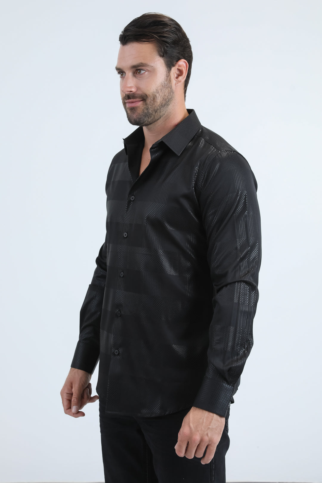 Mens Modern Fit Stretch Foil Fashion Black Shirt