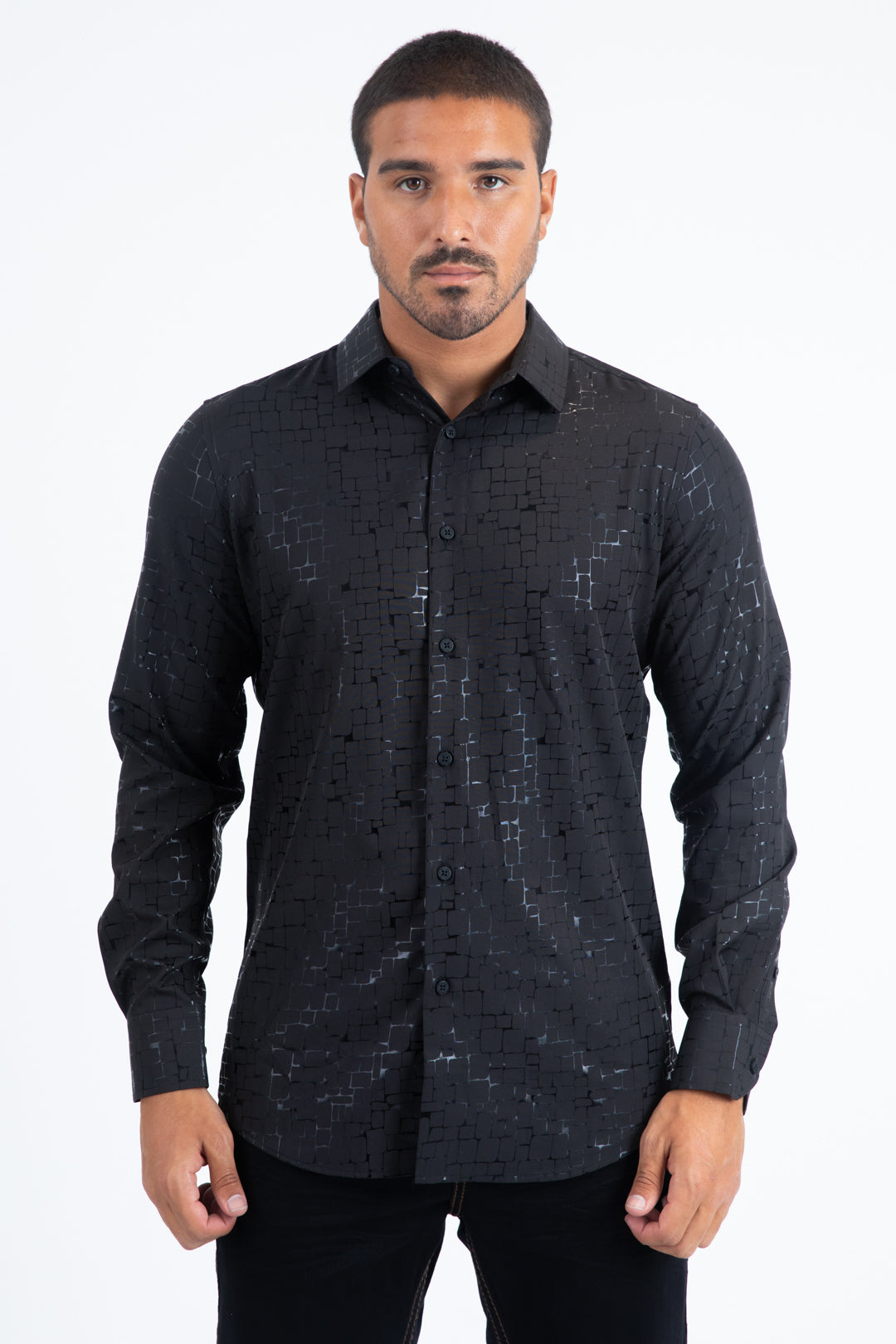Black Modern Fit Stretch Foil Fashion Shirt Men