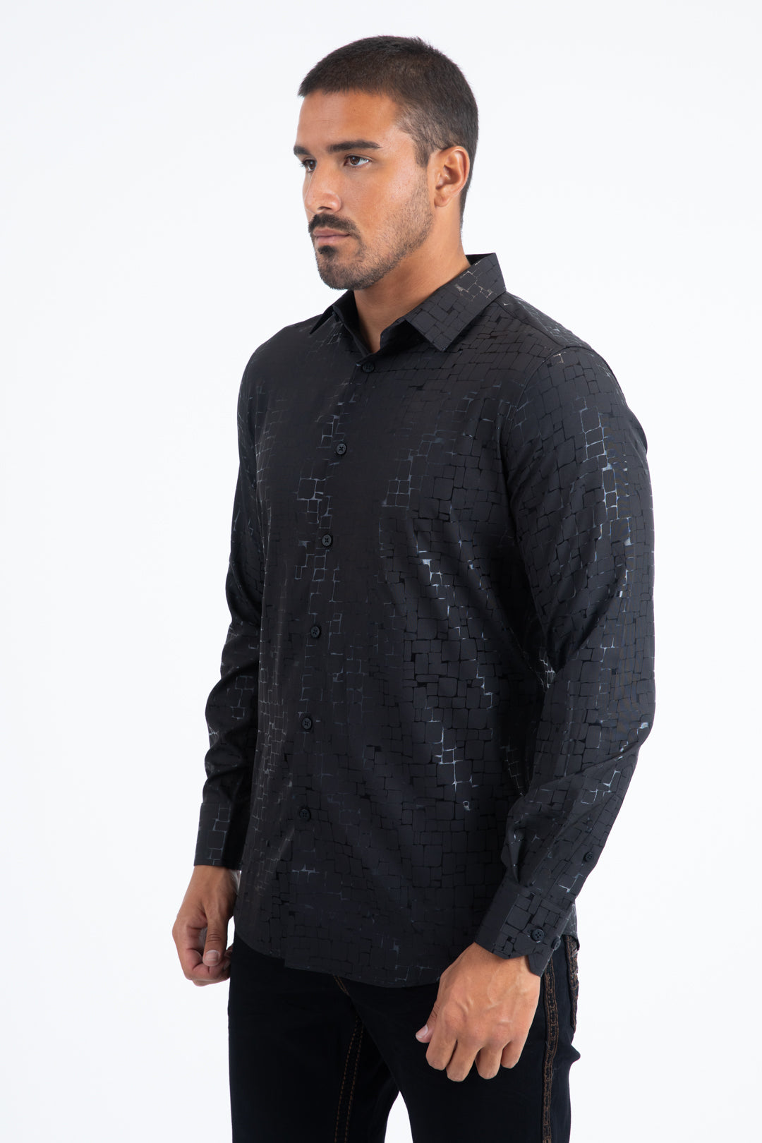 Black Modern Fit Stretch Foil Fashion Shirt Men