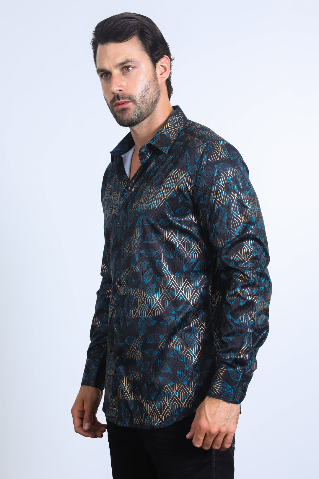 Mens Modern Fit Stretch Foil Fashion Black Shirt