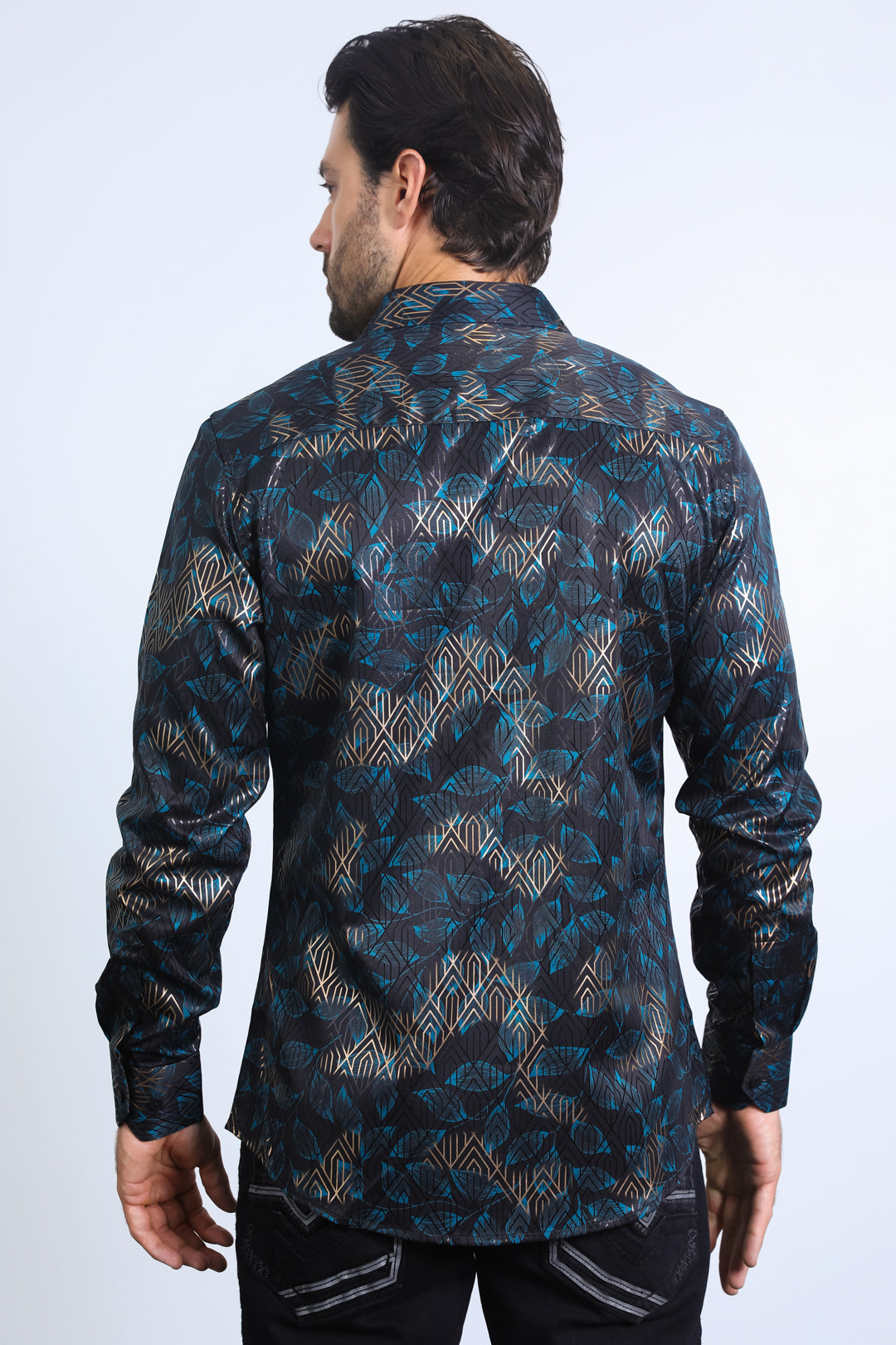 Mens Modern Fit Stretch Foil Fashion Black Shirt
