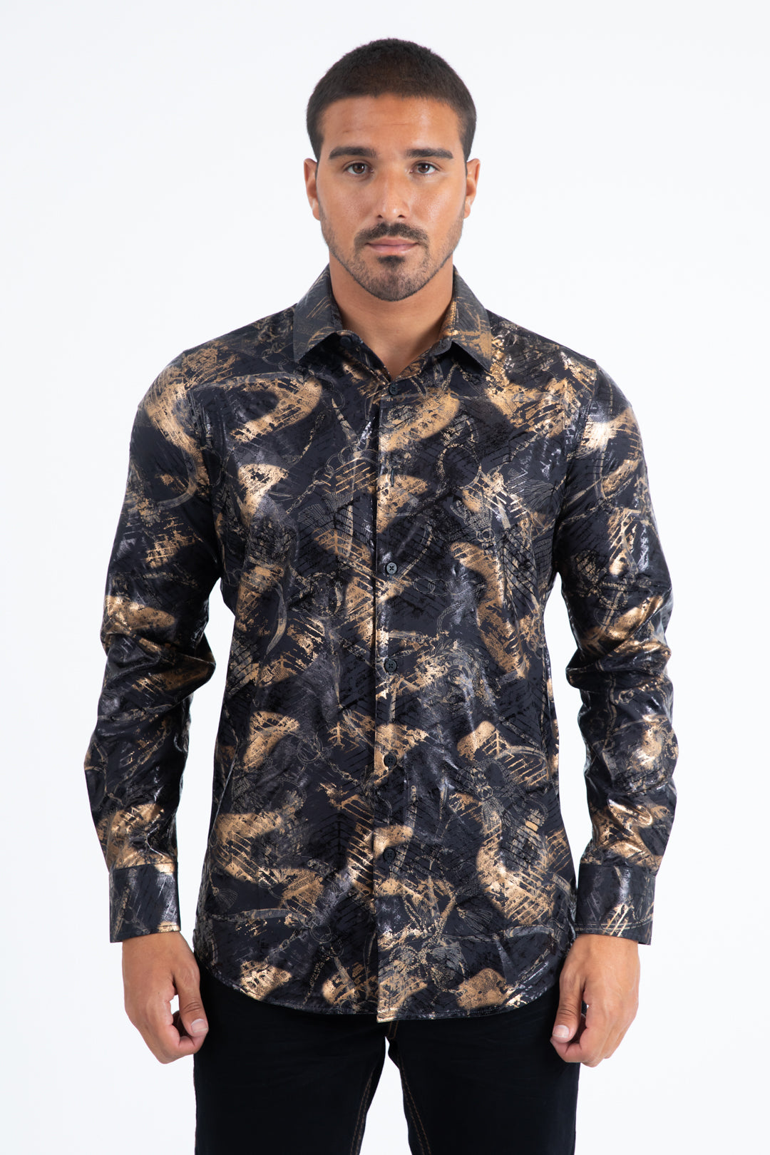 Black Modern Fit Stretch Foil Fashion Shirt Men
