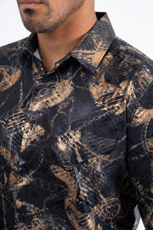 Black Modern Fit Stretch Foil Fashion Shirt Men