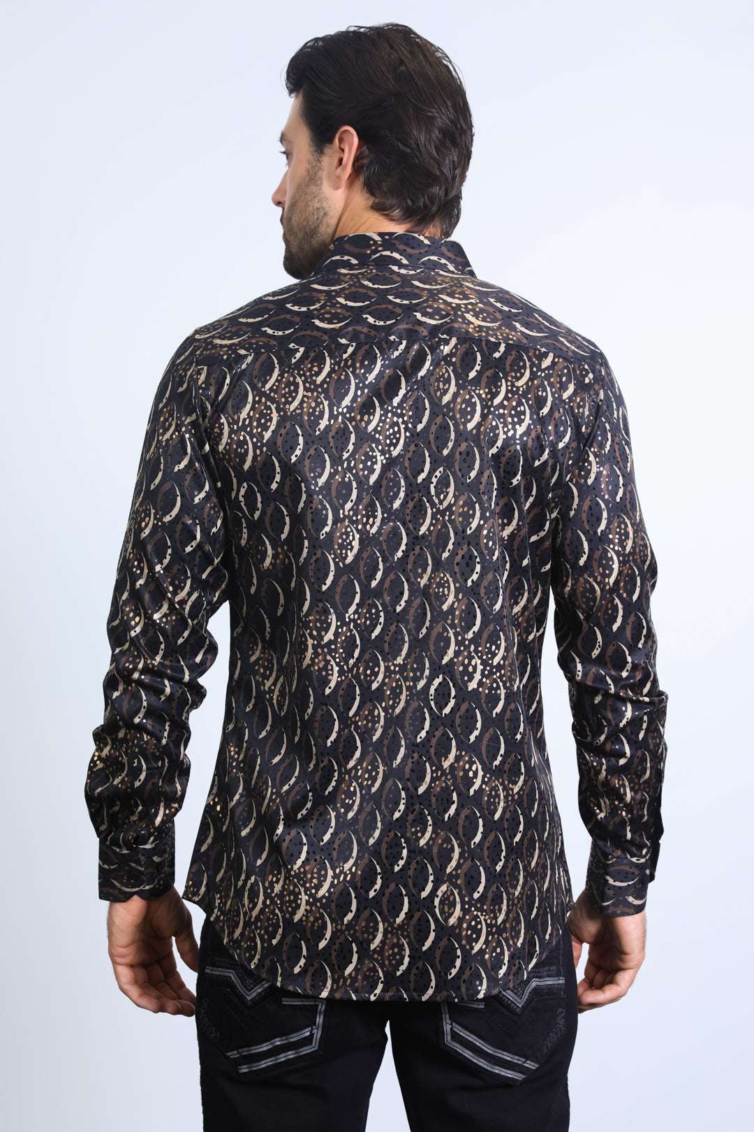 Mens Modern Fit Stretch Foil Fashion Black Shirt
